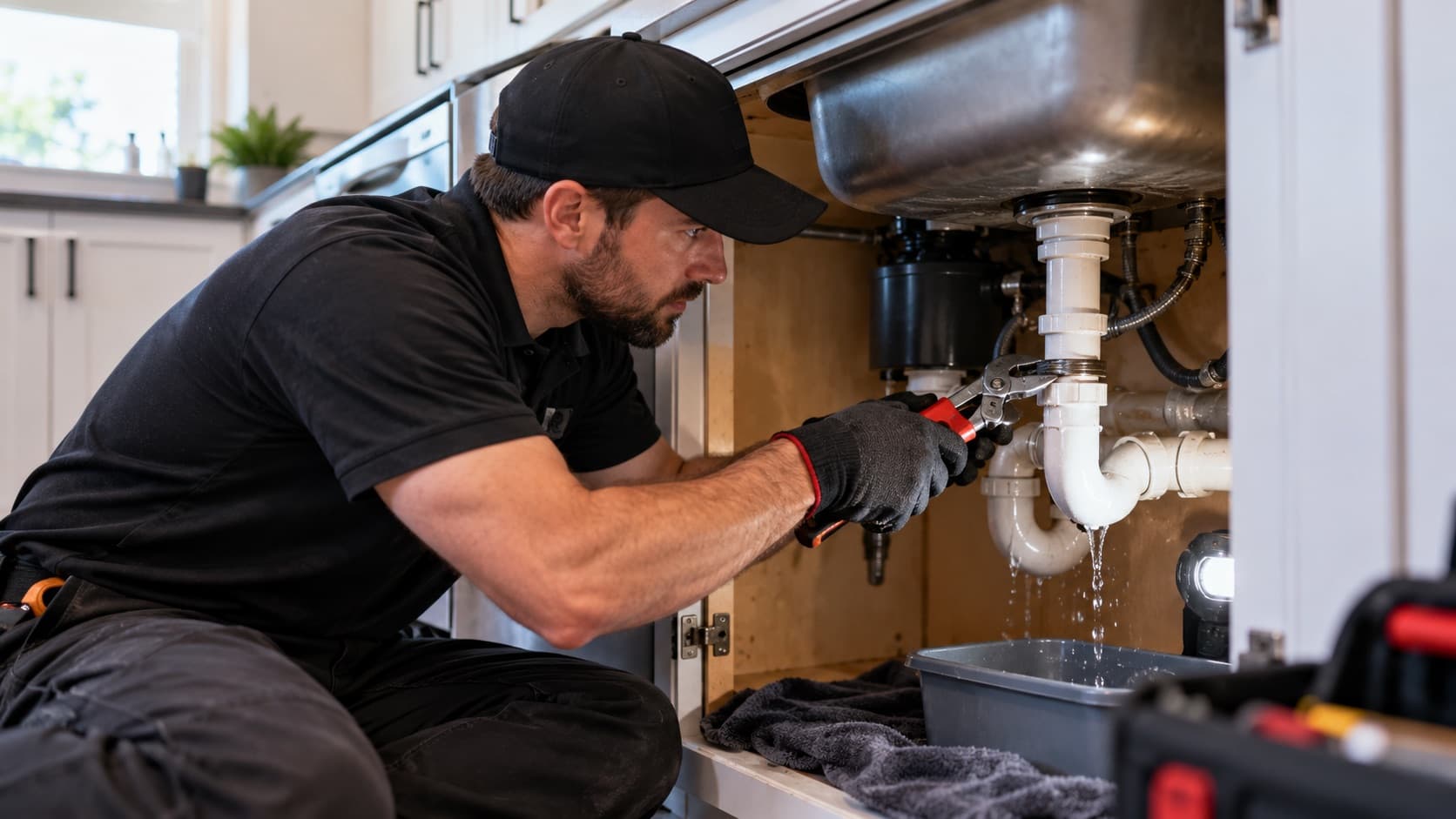Emergency plumber fixing a leaking pipe under a kitchen sink in Chicago