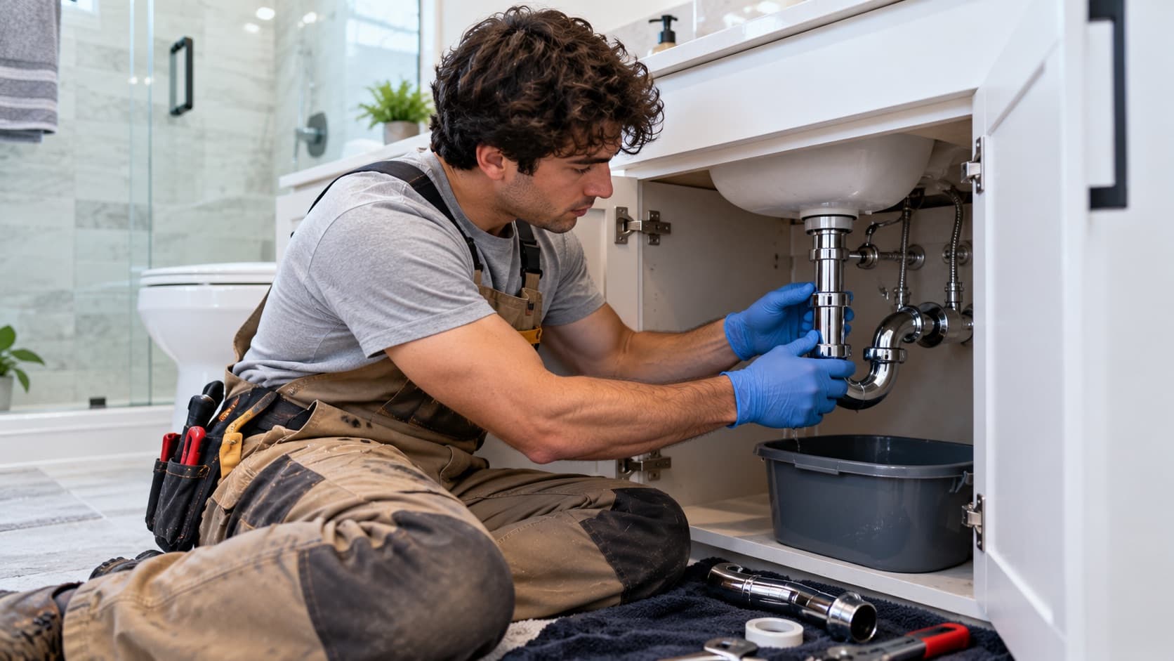 Plumber replacing the drain trap under a bathroom sink in a Chicago home