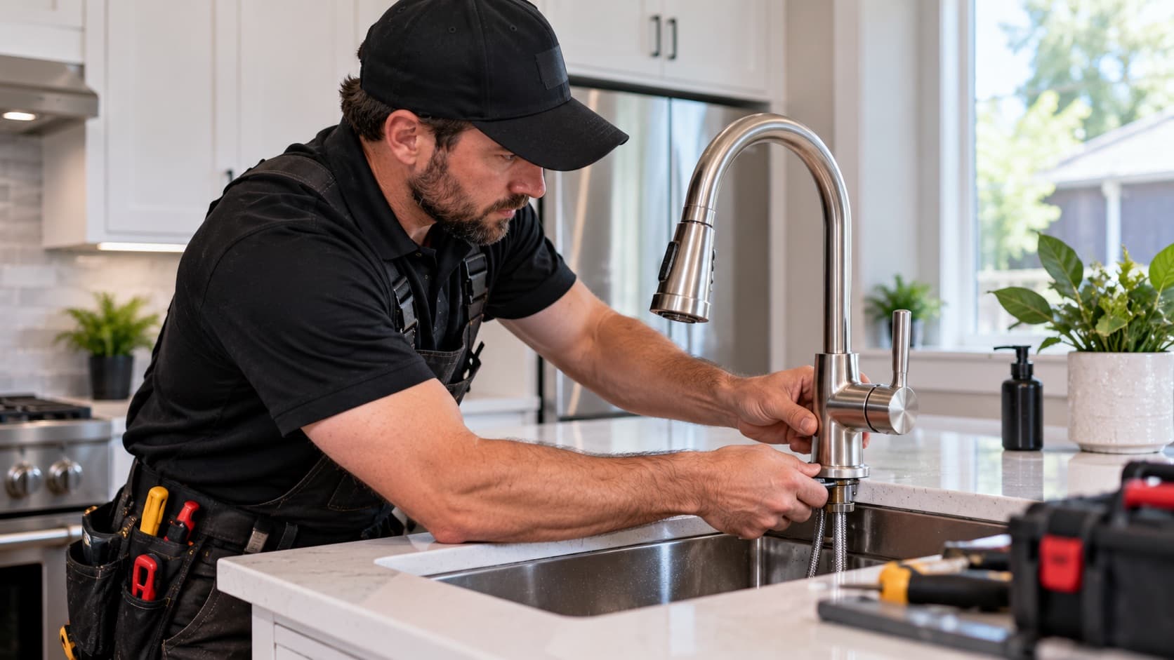 Plumber installing a new kitchen faucet in a Chicago home